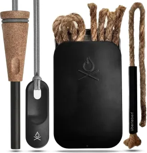 berleben Znden 2.0 Fire Starter & Tindr Tinder Wick Bundle - 3/8" Ferro Rod w/Ergonomic Striker (15,000 Strikes), Waterproof Hemp Wick (60 Min Burn Time) - Bushcraft, Camping, & Survival Kit
