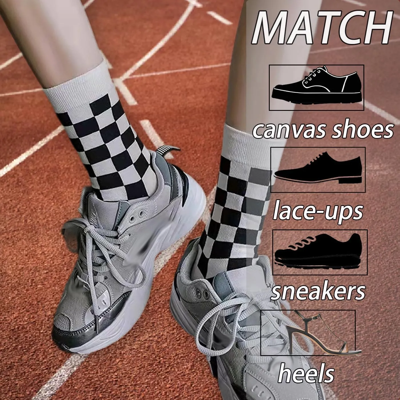 CHUNFO Womens Crew Socks Plaid Striped Casual Running Athletic White Grey Brown Checkerboard Crew Socks Size5-9