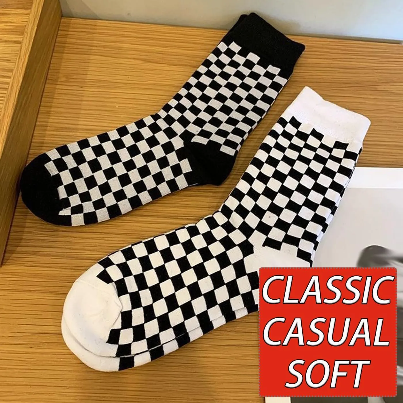 CHUNFO Womens Crew Socks Plaid Striped Casual Running Athletic White Grey Brown Checkerboard Crew Socks Size5-9