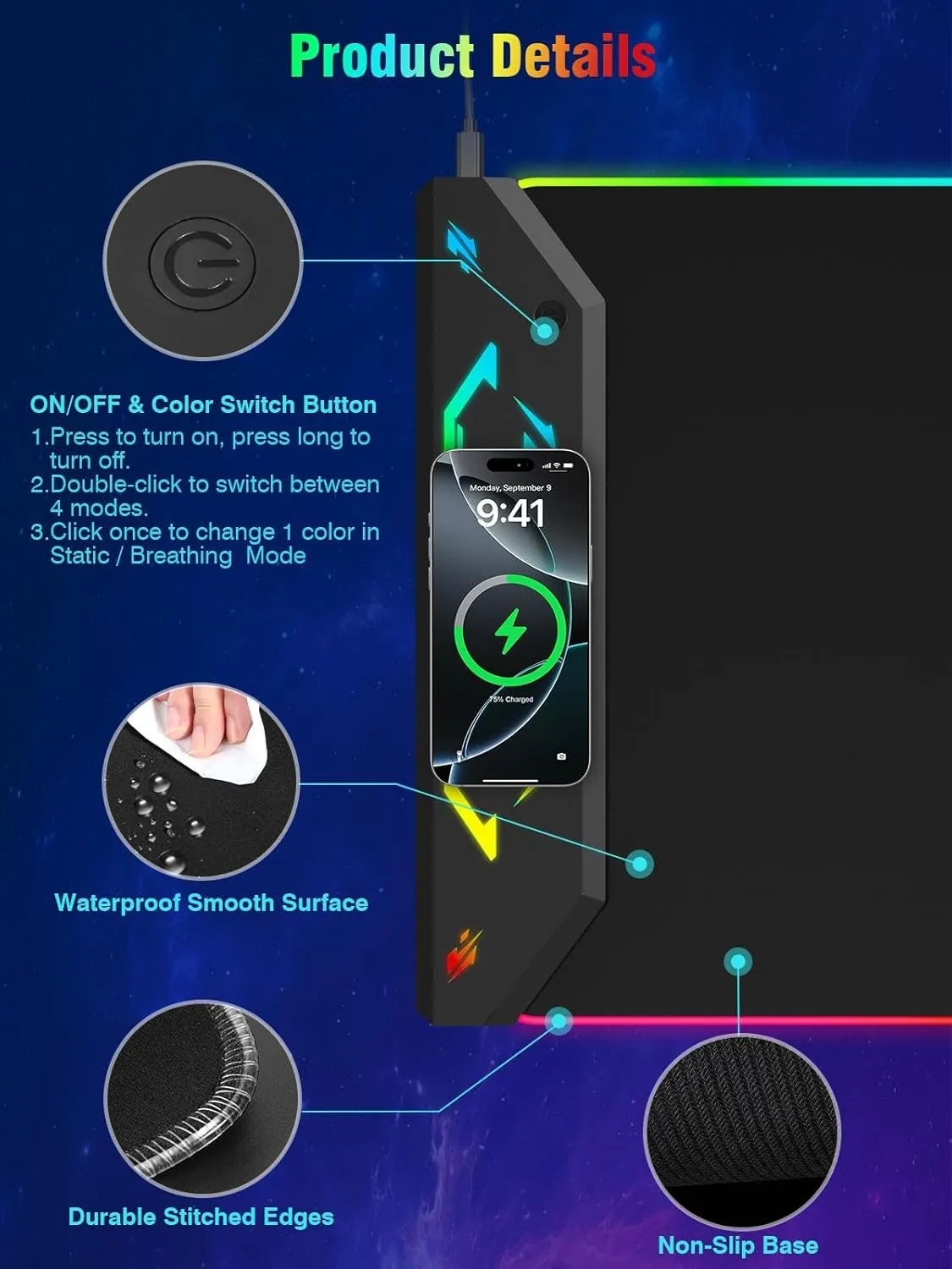 Gaming Mouse Pad, 15W Magnetic Wireless Charging Desk Mat, 35"x15.8" Large RGB Mouse Pad for Laptop/PC/Keyboard, 24 Light Effects, Non-Slip Base, Waterproof, with Adapter, Black