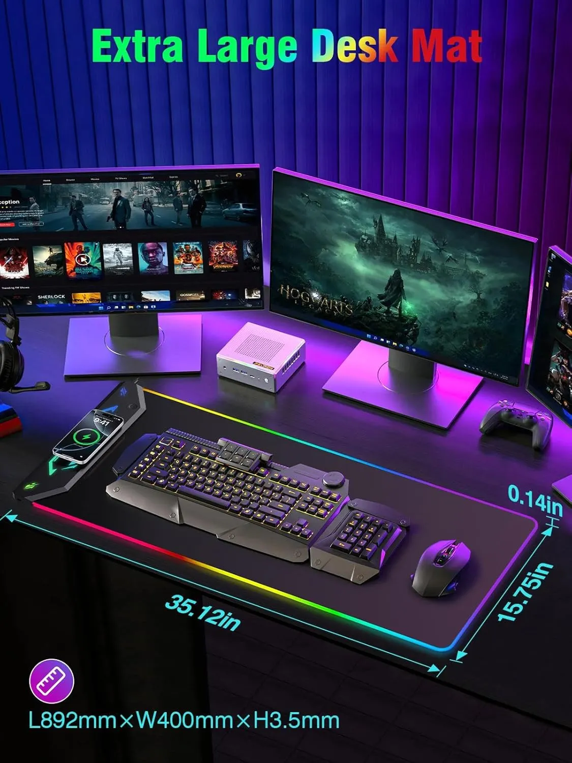 Gaming Mouse Pad, 15W Magnetic Wireless Charging Desk Mat, 35"x15.8" Large RGB Mouse Pad for Laptop/PC/Keyboard, 24 Light Effects, Non-Slip Base, Waterproof, with Adapter, Black