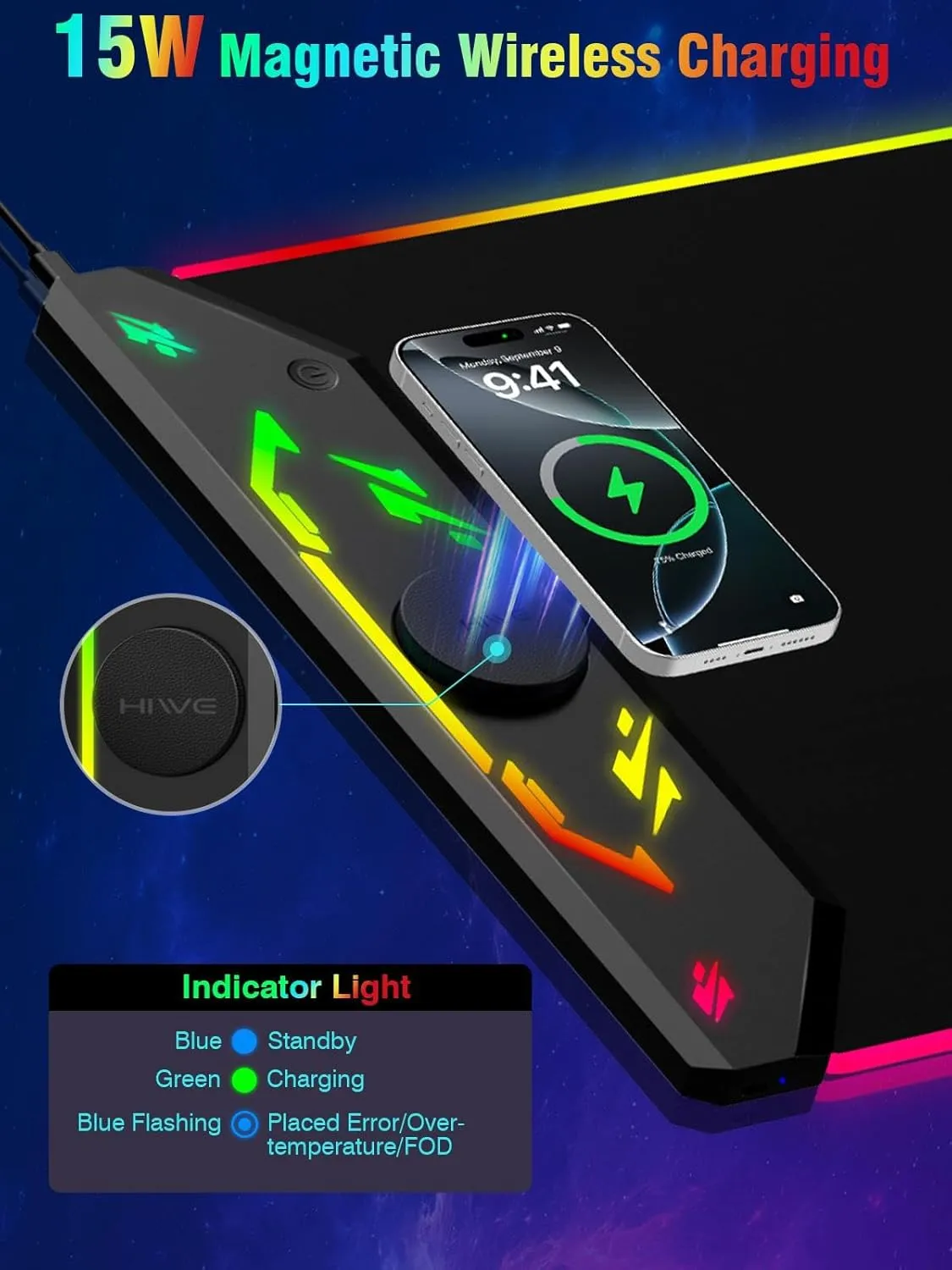 Gaming Mouse Pad, 15W Magnetic Wireless Charging Desk Mat, 35"x15.8" Large RGB Mouse Pad for Laptop/PC/Keyboard, 24 Light Effects, Non-Slip Base, Waterproof, with Adapter, Black