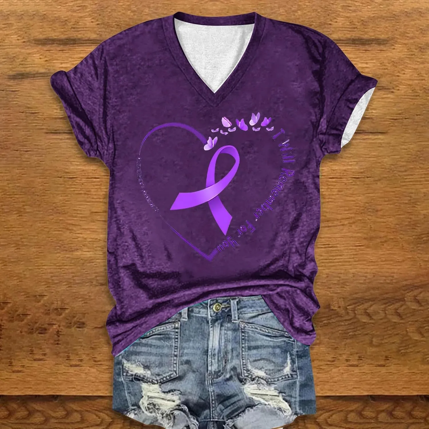 Heevina Alzheimers Awareness Shirts for Women I Will Remember for You Short Sleeve Shirt V Neck Floral Purple Tops