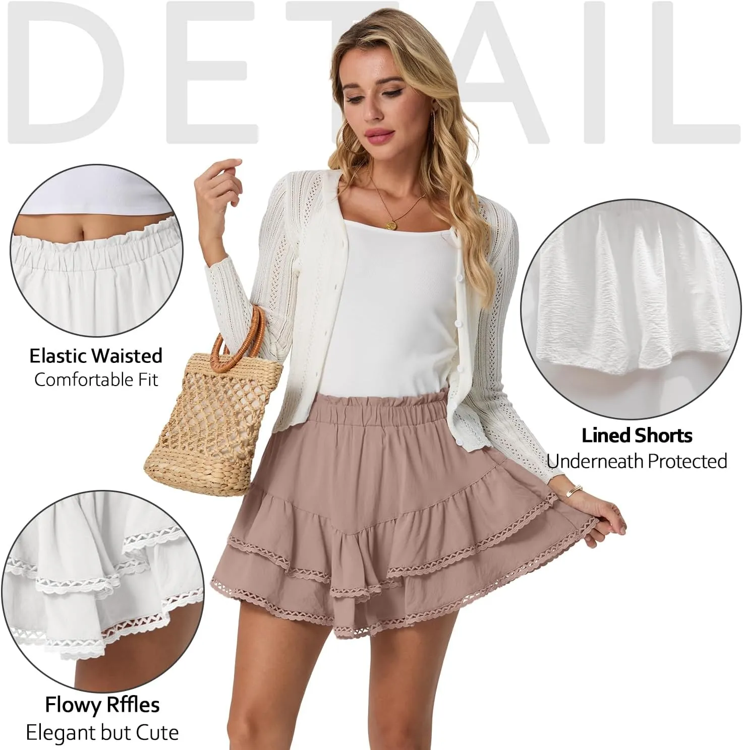 Lepunuo Boho Shorts for Women High Waisted Ruffle Tiered Flowy Skirts with Shorts Underneath Western Outfits Skorts