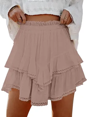 Lepunuo Boho Shorts for Women High Waisted Ruffle Tiered Flowy Skirts with Shorts Underneath Western Outfits Skorts