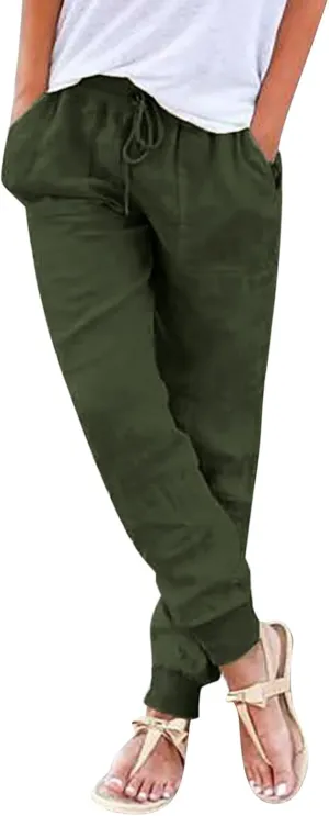 Linen Pants For Women 2025 Petite Summer Drawstring Elastic High Waist Comfy 2025 Lounge Vacation Tapered Trousers