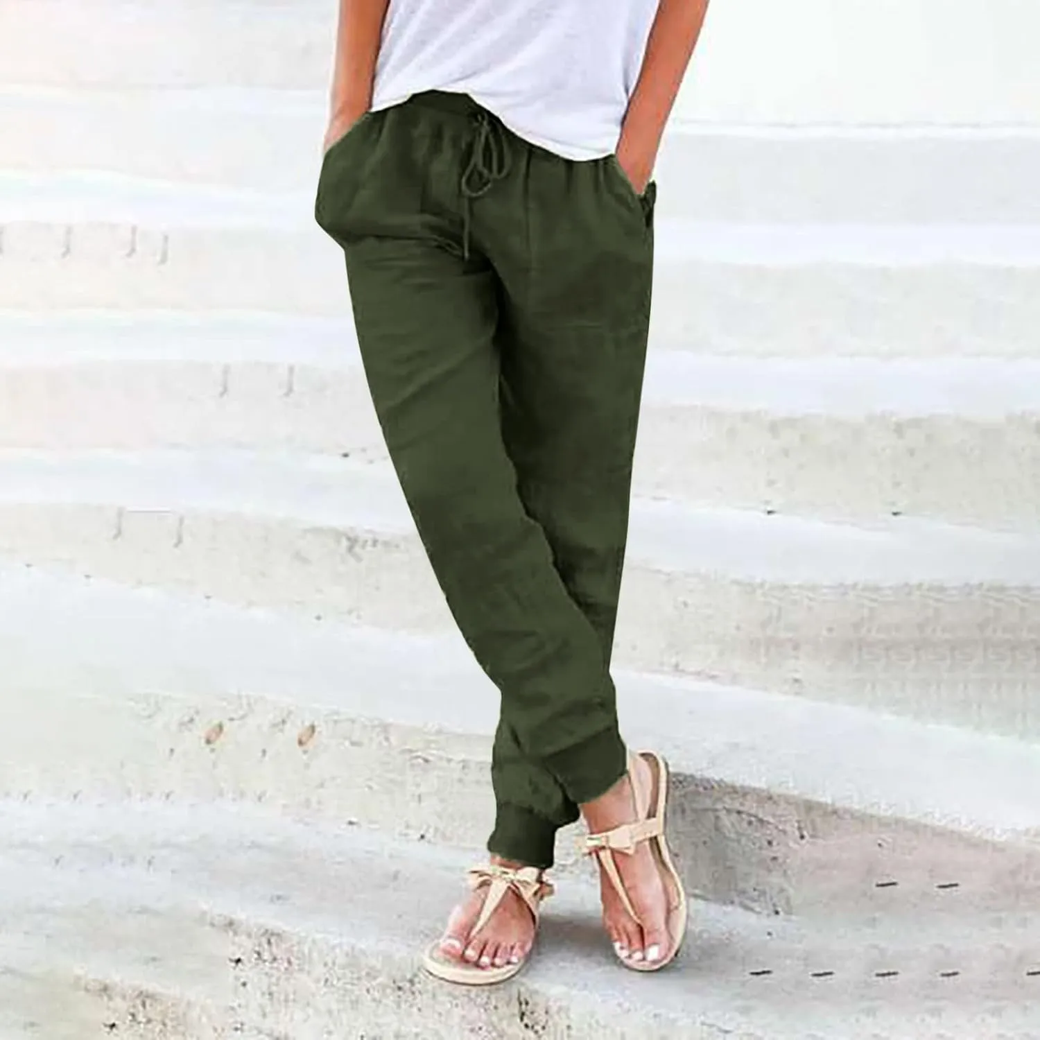 Linen Pants For Women 2025 Petite Summer Drawstring Elastic High Waist Comfy 2025 Lounge Vacation Tapered Trousers