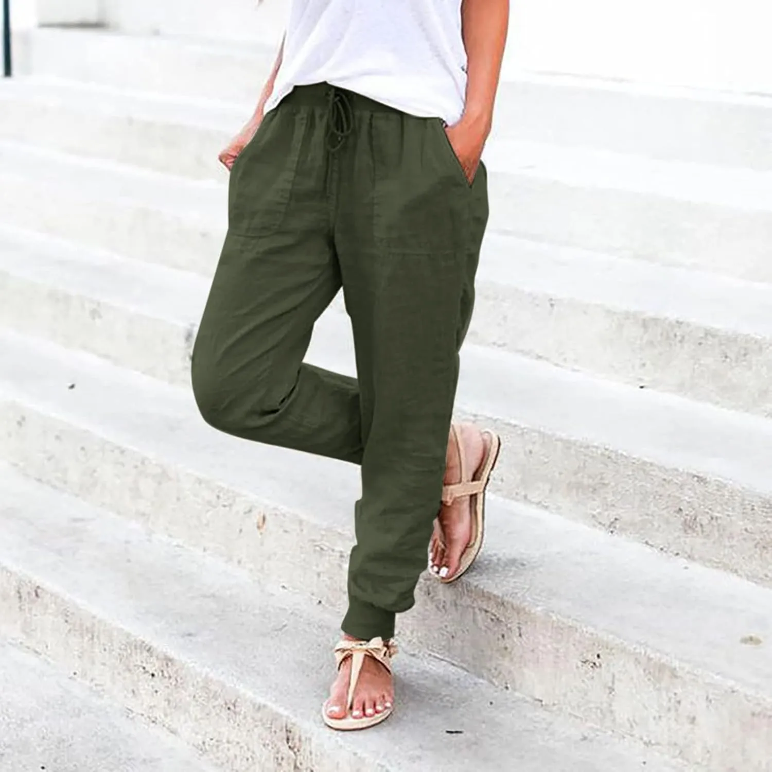 Linen Pants For Women 2025 Petite Summer Drawstring Elastic High Waist Comfy 2025 Lounge Vacation Tapered Trousers