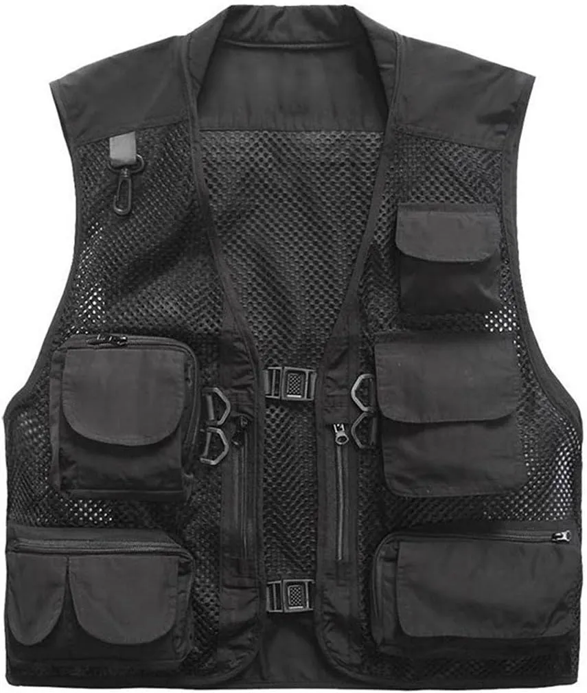 Men's Mesh Fishing Vest Multi Pockets Photography Outdoor Jacket (Black, XL-US)