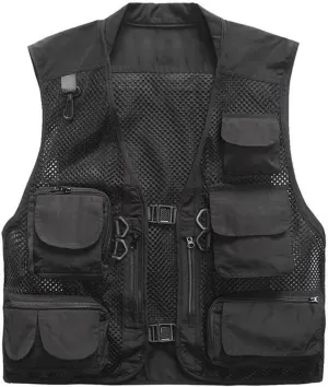 Men's Mesh Fishing Vest Multi Pockets Photography Outdoor Jacket (Black, XL-US)
