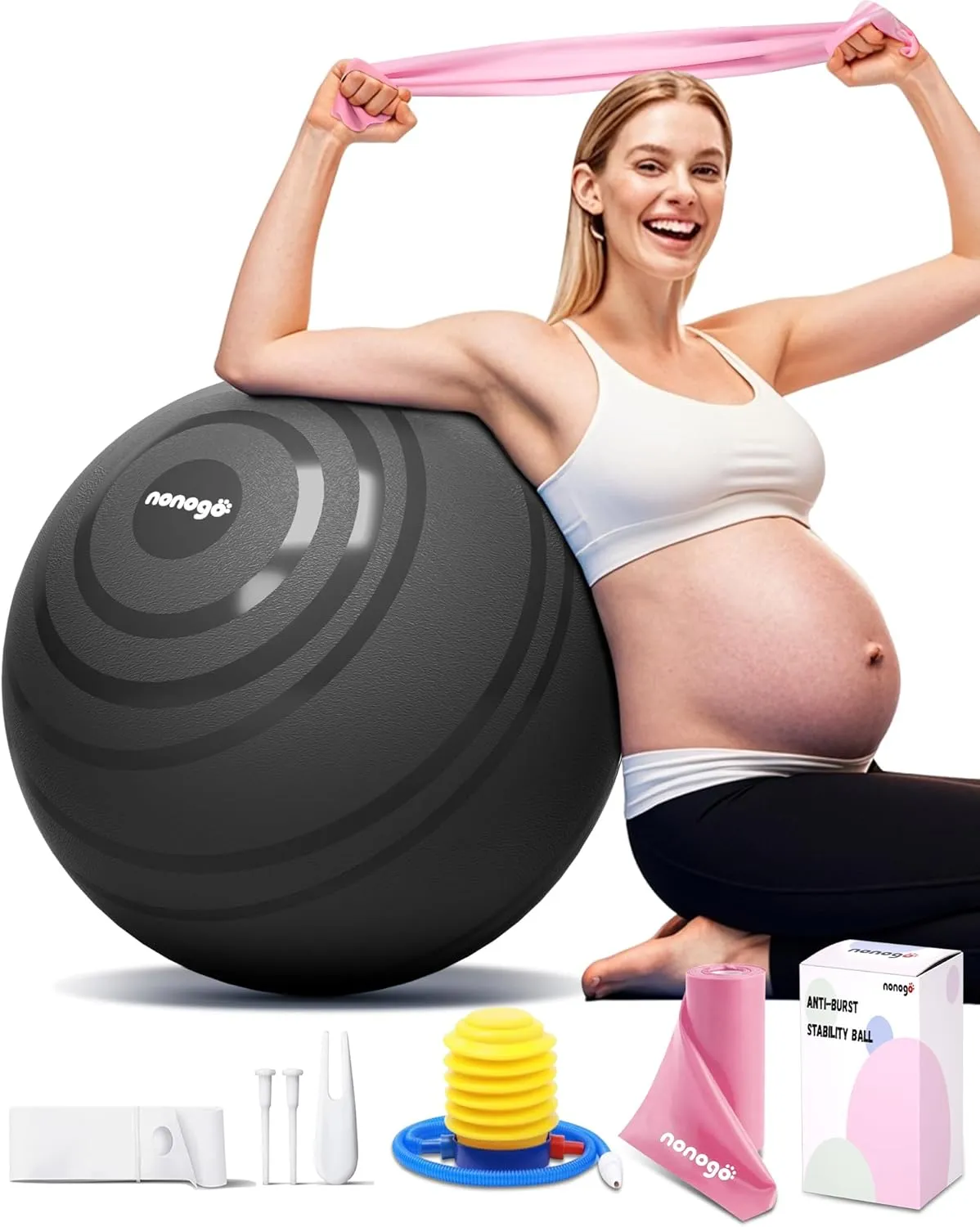 nonogo Birthing Ball for Pregnancy with Resistance Bands- Exercise Ball for Working Out, Yoga, Physical Therapy, Maternity Physio, Balance Stability Ball with Pump
