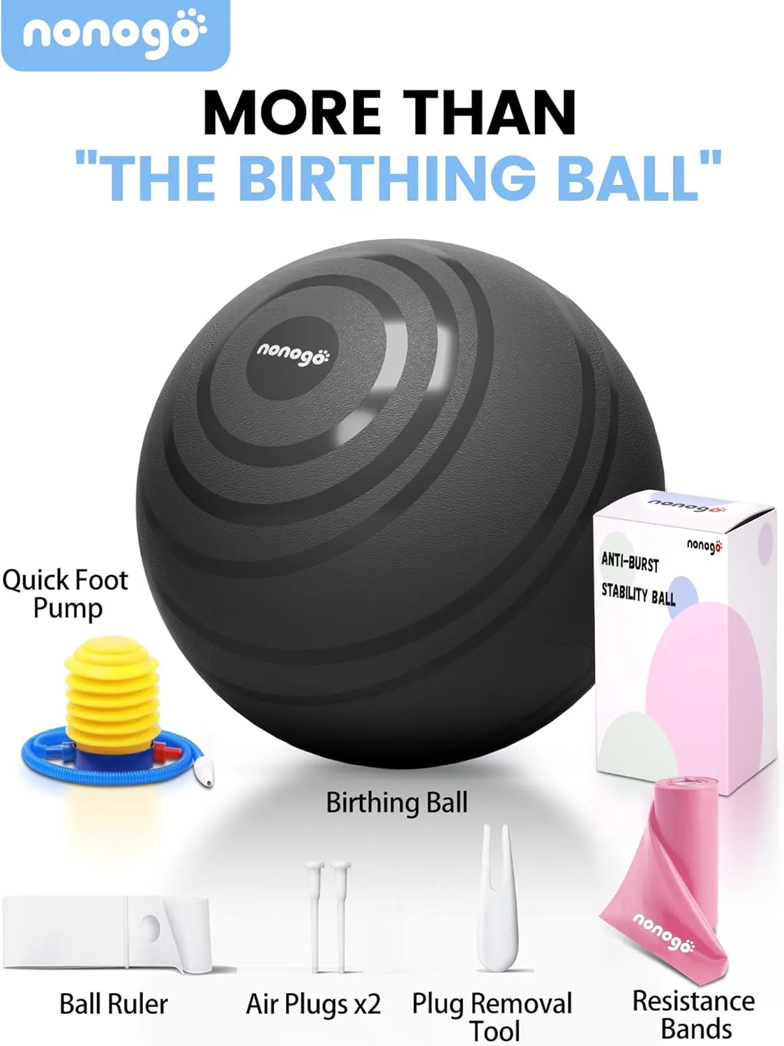 nonogo Birthing Ball for Pregnancy with Resistance Bands- Exercise Ball for Working Out, Yoga, Physical Therapy, Maternity Physio, Balance Stability Ball with Pump