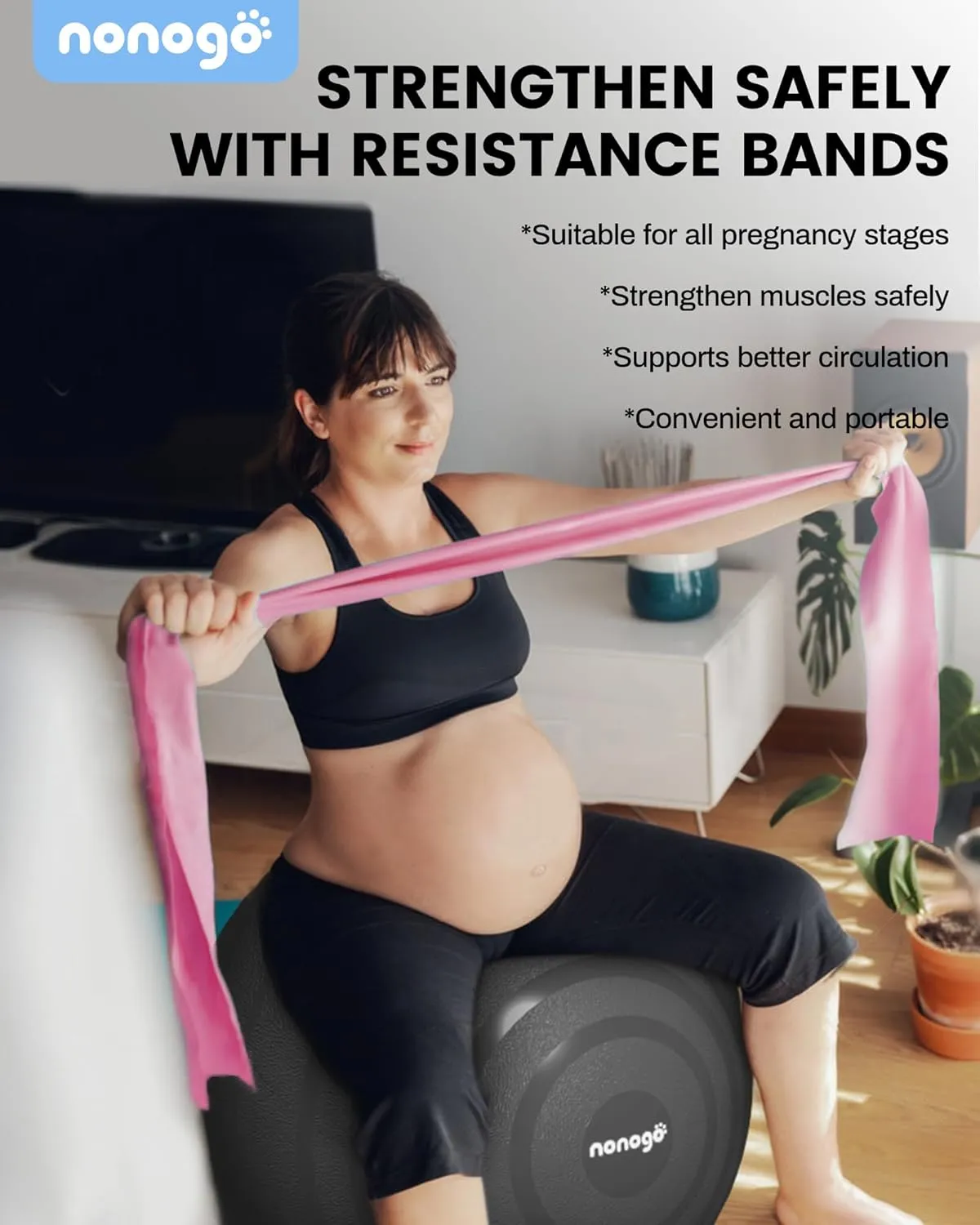 nonogo Birthing Ball for Pregnancy with Resistance Bands- Exercise Ball for Working Out, Yoga, Physical Therapy, Maternity Physio, Balance Stability Ball with Pump