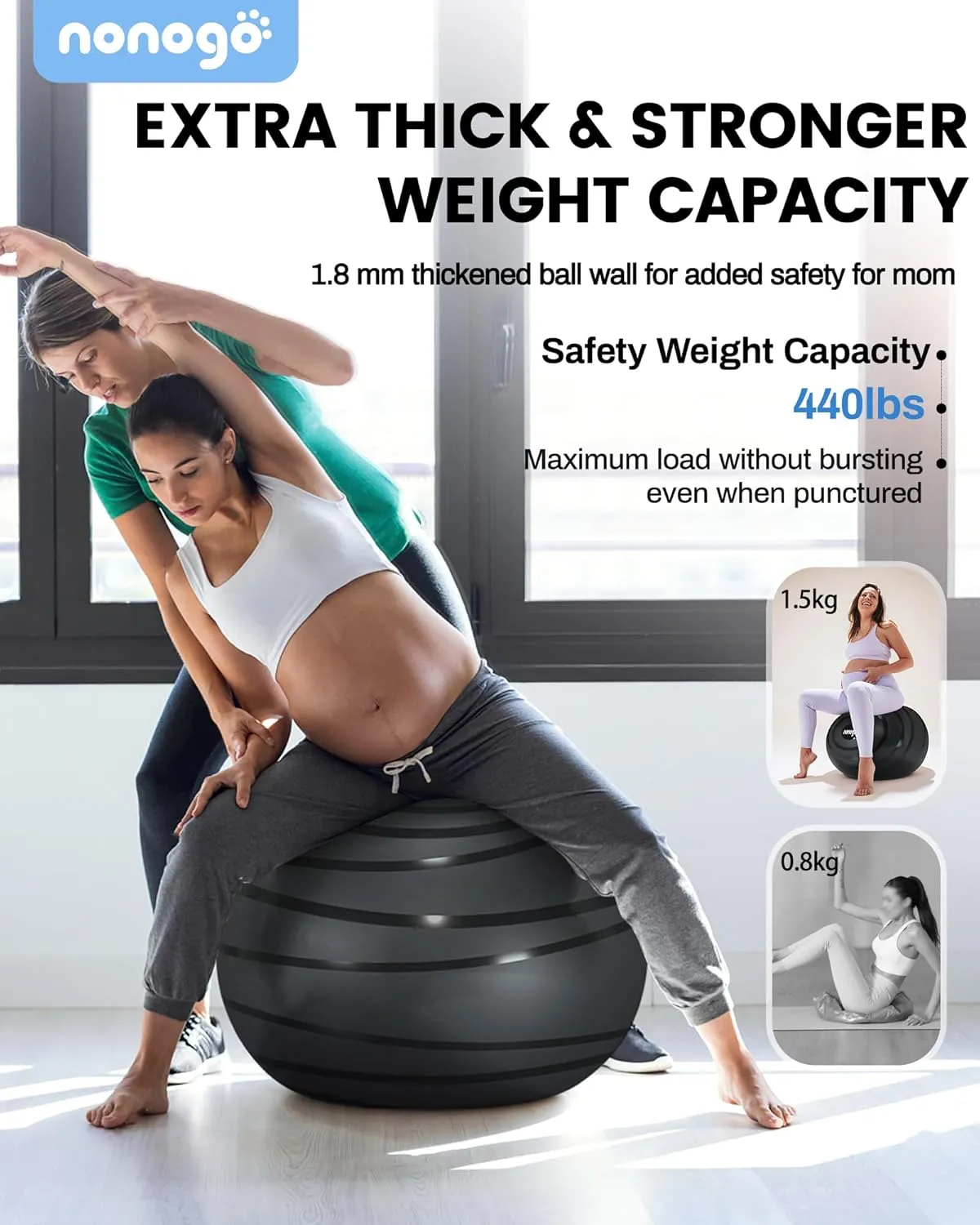 nonogo Birthing Ball for Pregnancy with Resistance Bands- Exercise Ball for Working Out, Yoga, Physical Therapy, Maternity Physio, Balance Stability Ball with Pump