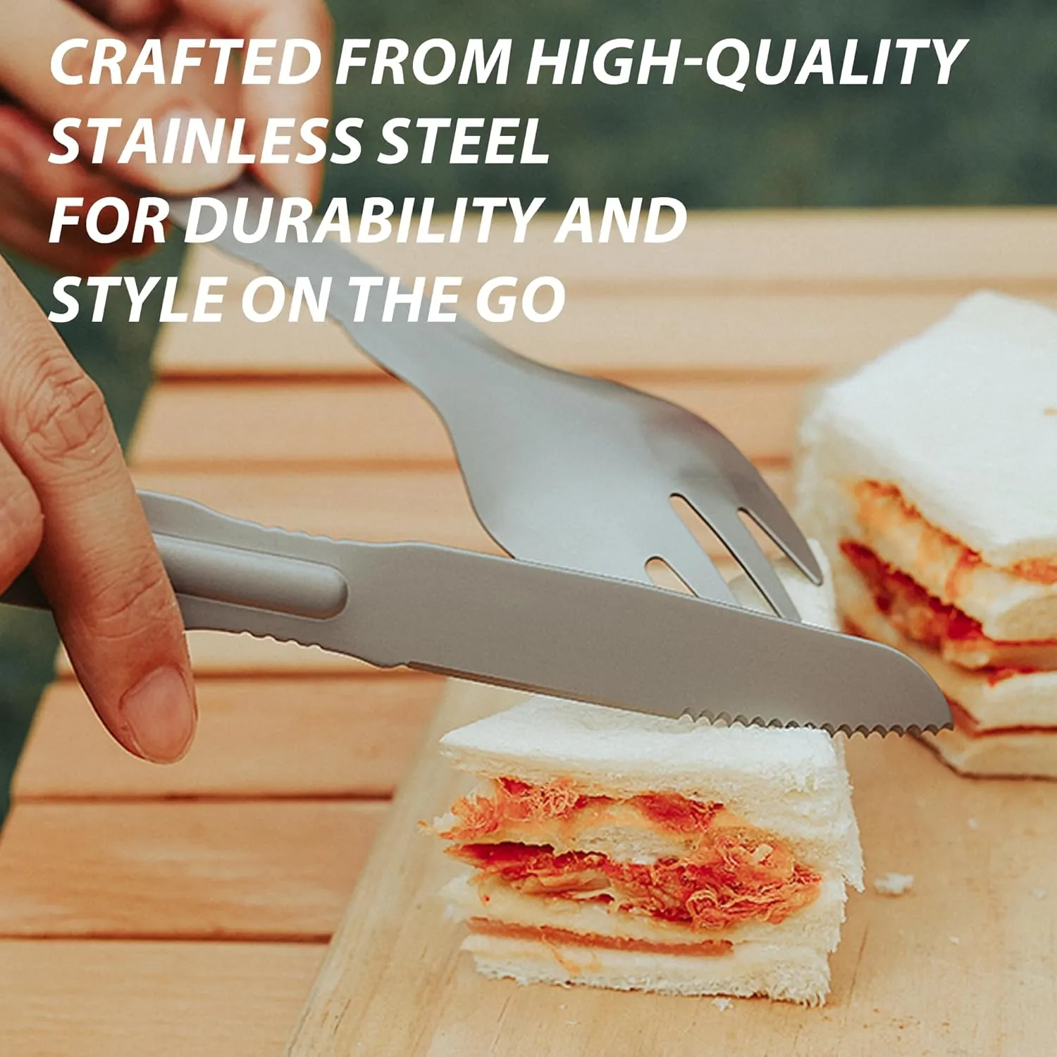 PortableAnd 4-in-1 Camping Utensil Set: Spoon, Spork, Knife, Tongs - Stainless Steel Multi Tool for Outdoor Cooking, Backpacking, Hiking, Picnics - Lightweight Travel Utensil with Carry Bag (1-Pack)