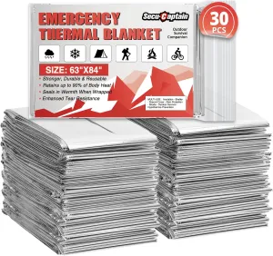 SecuCaptain Survival Emergency Thermal Blankets: Extra Large 84 x63 Space Mylar Blanket Kit for Outdoor Cold Winter Camping Hiking Car Bug Out Bag or First Aid - 30 Pack