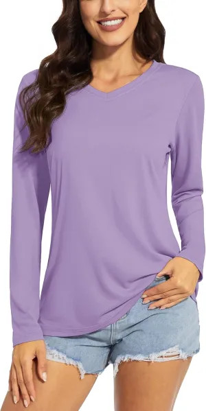 TACVASEN Women's Long Sleeve V Neck Workout Tops UPF 50  Sun Protection Quick Dry Lightweight Hiking Running T-Shirts