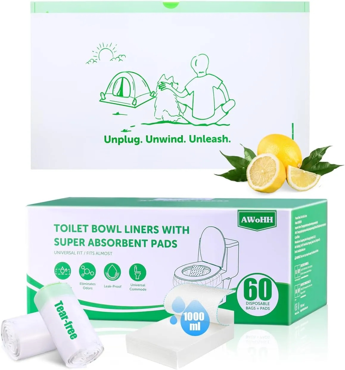 Toilet Liners with Absorbent Pads, Universal Fit, Disposable Toilet Bags, Camping-Inspired Design, Ideal for Home, Boat or Camping WC, Dry Flush Ready, Emergency Use, Tear-Free