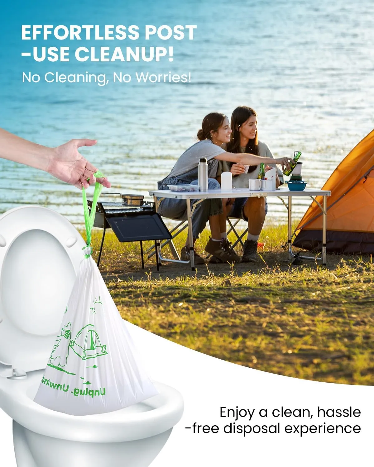 Toilet Liners with Absorbent Pads, Universal Fit, Disposable Toilet Bags, Camping-Inspired Design, Ideal for Home, Boat or Camping WC, Dry Flush Ready, Emergency Use, Tear-Free