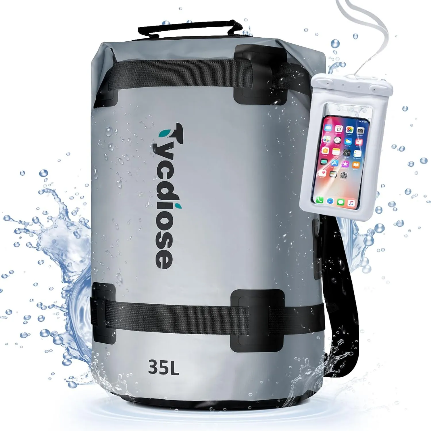 Waterproof Backpack 35L, Heavy Duty Dry Bags Backpack Waterproof for Kayaking Fishing Camping, Outdoor Floating Roll Top Kayak Dry Backpack Waterproof with IPX8 Waterproof Phone Case, Grey
