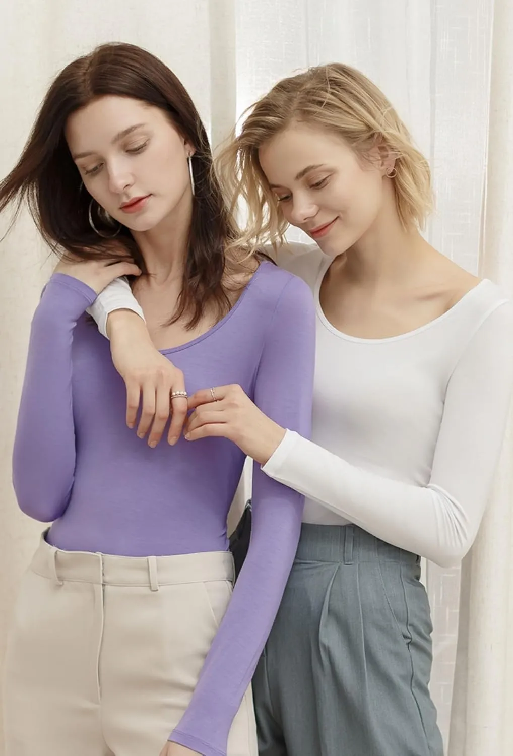 Women's Scoop Neck Thermal Underwear Shirts 2 Pack Tops Long Sleeve Slim Fit T Shirt Base Layer