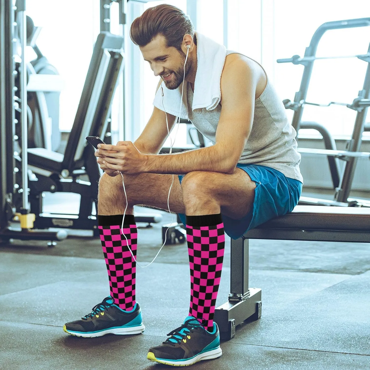 Wusikd Checkerboard Compression Socks for Women and Men Circulation Black Deep Pink Long Socks for Athletic Running 1