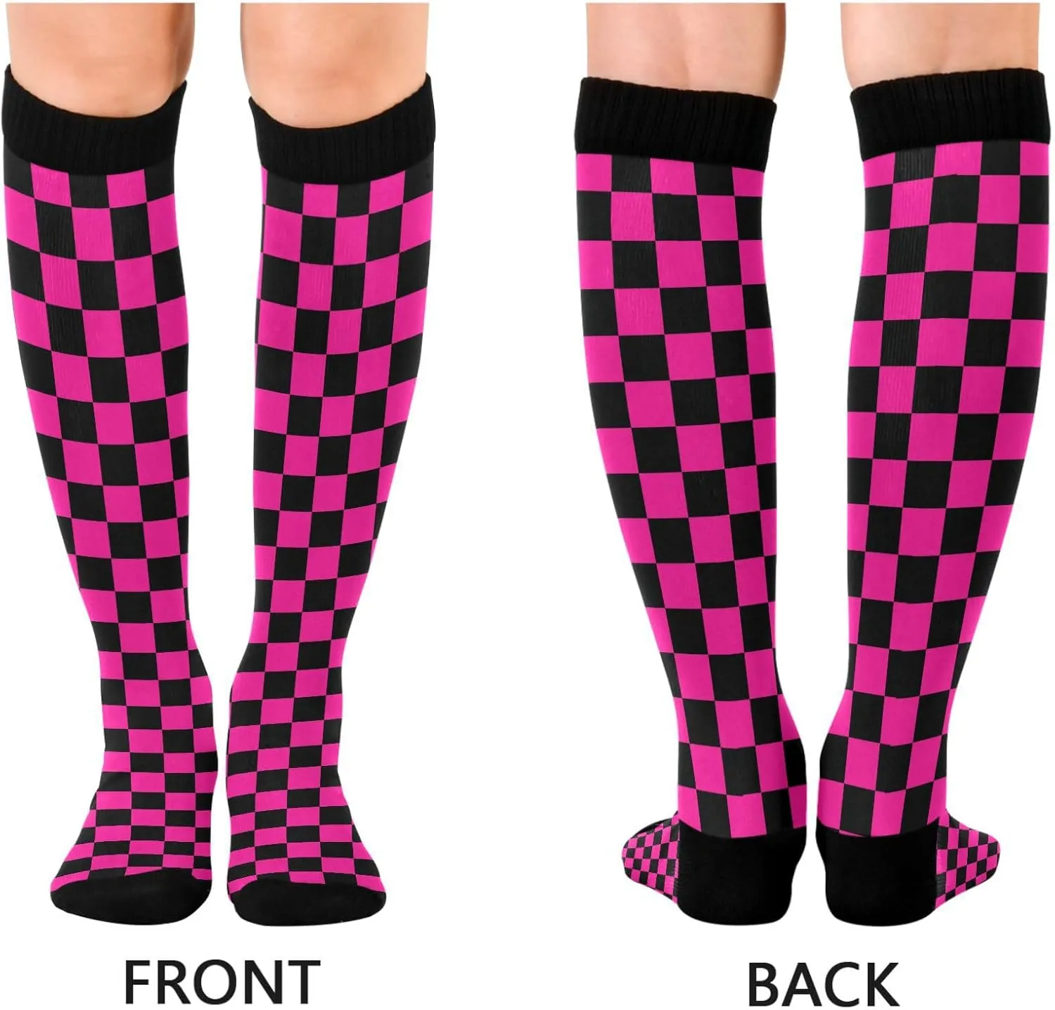 Wusikd Checkerboard Compression Socks for Women and Men Circulation Black Deep Pink Long Socks for Athletic Running 1