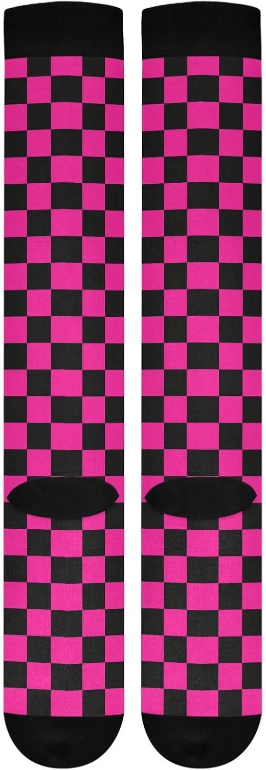 Wusikd Checkerboard Compression Socks for Women and Men Circulation Black Deep Pink Long Socks for Athletic Running 1