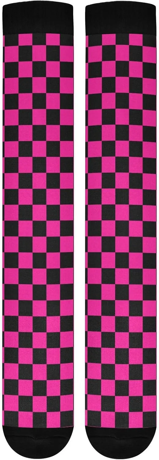 Wusikd Checkerboard Compression Socks for Women and Men Circulation Black Deep Pink Long Socks for Athletic Running 1