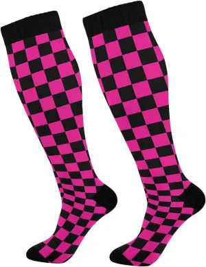 Wusikd Checkerboard Compression Socks for Women and Men Circulation Black Deep Pink Long Socks for Athletic Running 1