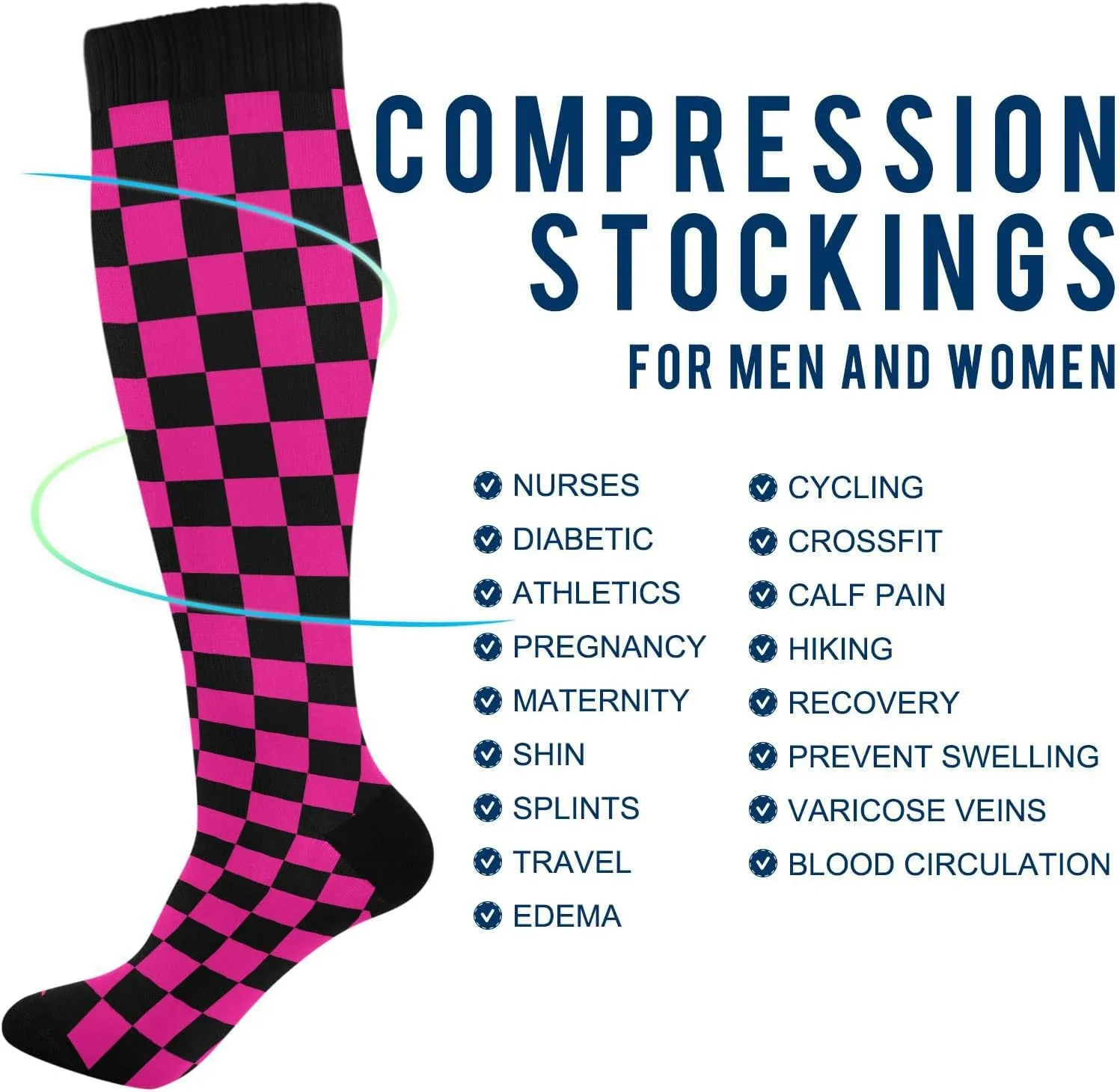 Wusikd Checkerboard Compression Socks for Women and Men Circulation Black Deep Pink Long Socks for Athletic Running 1